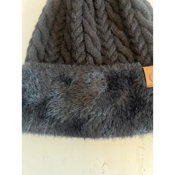 C.C. Cable Knit Beanie with a Faux Fur Pom-Pom and Cuff Black one Size - Picture 5 of 10